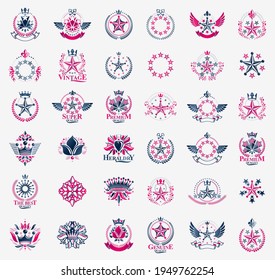 Crowns and stars vintage heraldic emblems vector big set, antique heraldry symbolic badges and awards collection with coronets, classic style design elements, family emblems.