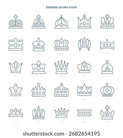 Icono de trazo de coronas. Conjunto de iconos de línea de coronas. paquete de iconos de trazo editable