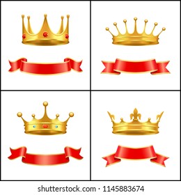 Crowns symbol of regal power and red banners set. Corona with diamonds and gemstones. Gold coronet diadem with golden cross on top isolated vector