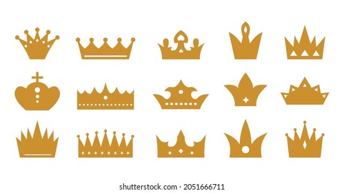 Crowns y tiaras para el rey y la reina. Decoración lujosa de época con agujeros. Coronas bajas y altas, mujeres y hombres, para diferentes títulos. Indicador de la alta calidad del producto