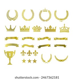 Crowns, trophy, laurel wreath, lilies, premium stars - set of elements, vector illustration	