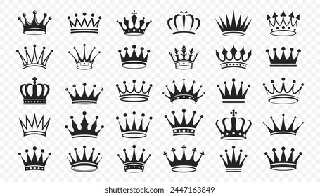 Kronen. Vektorgrafik Schwarz Monochrom Crown Icon Set. Kollektion der Kronsilhouetten