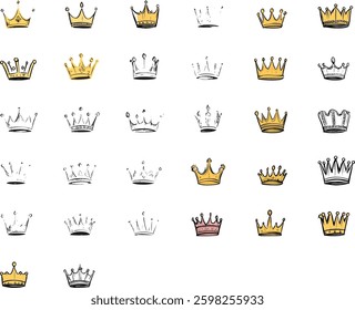 Crowns Vector Collection, Hand-Drawn Style on White Background