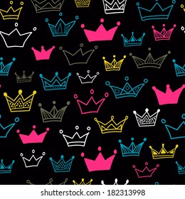 Crowns vector seamless pattern on black background. Vector illustration. Endless pattern. Use for wallpaper, pattern fills, web page background.