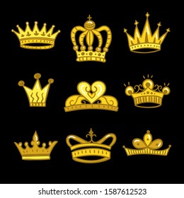 Crowns vector set on black background. Beautiful royal symbols, diadems and gold crowns. Hand drawn king and queen collection