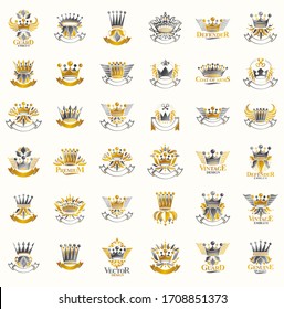 Crowns vintage heraldic emblems vector big set, antique heraldry symbolic badges and awards collection with coronets, classic style design elements, family emblems.