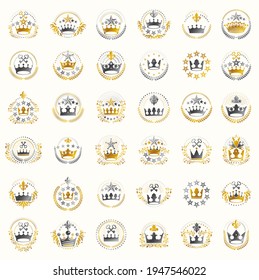 Crowns vintage heraldic emblems vector big set, antique heraldry symbolic badges and awards collection with coronets, classic style design elements, family emblems.