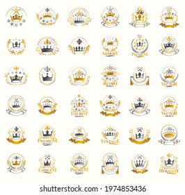 Crowns vintage heraldic emblems vector big set, antique heraldry symbolic badges and awards collection with coronets, classic style design elements, family emblems.