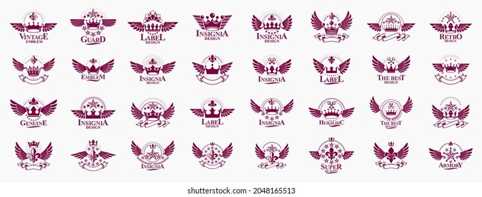 Crowns vintage heraldic emblems vector big set, antique heraldry symbolic badges and awards collection with coronets, classic style design elements, family emblems.