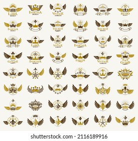 Crowns vintage heraldic emblems vector big set, antique heraldry symbolic badges and awards collection with coronets, classic style design elements, family emblems.