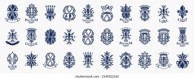 Crowns vintage heraldic emblems vector big set, antique heraldry symbolic badges and awards collection with coronets, classic style design elements, family emblems.