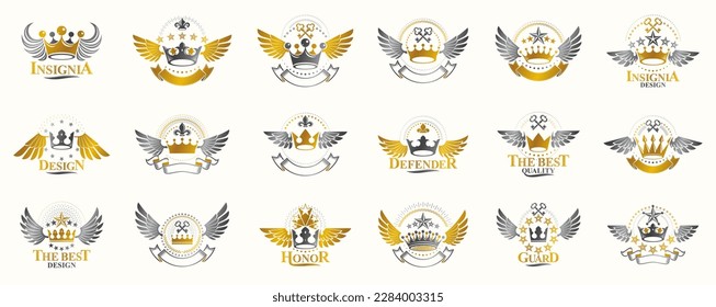 Crowns vintage heraldic emblems vector big set, antique heraldry symbolic badges and awards collection with coronets, classic style design elements, family emblems.