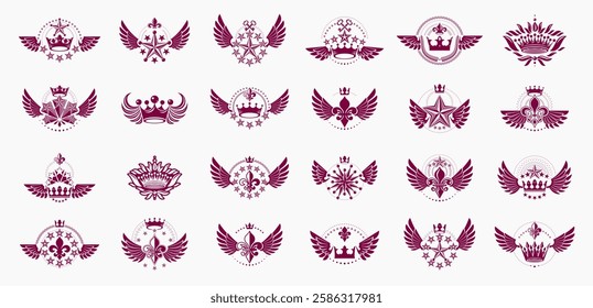 Crowns vintage heraldic emblems vector big set, antique heraldry symbolic badges and awards collection with coronets, classic style design elements, family emblems.