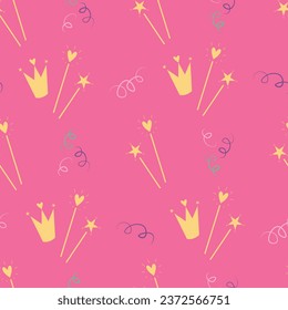 crowns and wands on pink background, magical girly pattern for birthday wrapping paper, seamless print for baby clothes