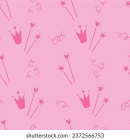 crowns and wands on pink background, magical girly pattern for birthday wrapping paper, seamless print for baby clothes