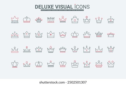 Conjunto de iconos de línea de coronas, riqueza y autoridad. Signo real de lujo clásico de rey y reina, princesa y príncipe, emperador medieval y emperatriz delgada Ilustración vectorial de símbolos de contorno negro y rojo