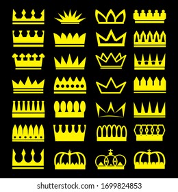 Crowns of yellow color, different type on a black background. Vector illustration.