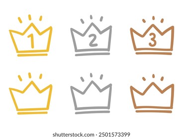 Crown-shaped handwritten style ranking icon set, vector illustration