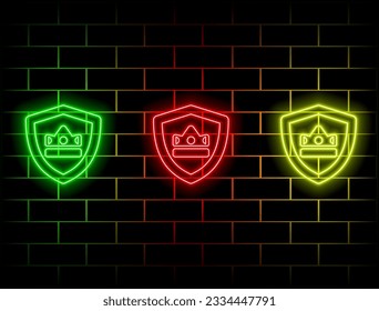 Crown-shaped shield. Transparent billboard with neon lights. Vector illustration... Green, red, yellow, pink, blue, orange.