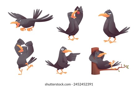 Crows. Black birds flying and standing exact vector funny birds in action poses