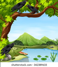 Crows and crocodile by the river illustration