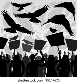 Crows flying over protesters crowd landscape background illustration vector