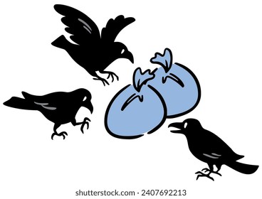 Crows and garbage bags. Isometric view.