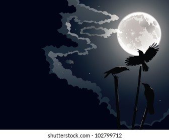 Crows at night. The vector illustration of crows silhouettes in moon light.