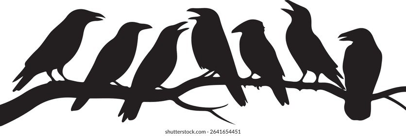Crows on a Branch Silhouette  Raven Flock Vector Art