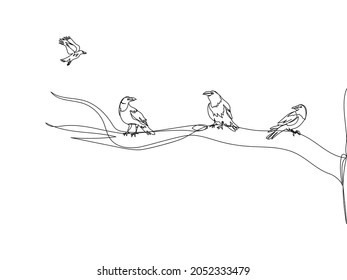 Crows on a tree branch one line art. Continuous line drawing of halloween theme, gothic, ornithology, raven, hoodie, rook, bird.