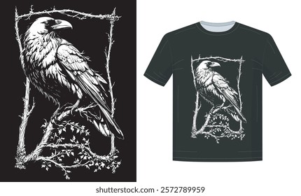 crows on twig grunge vector black and white silhouette, design for tshirt, poster, etc