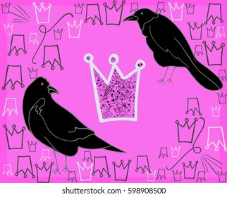 Crows, raven and crowns on a pink background. Postcard, cartoon with birds.