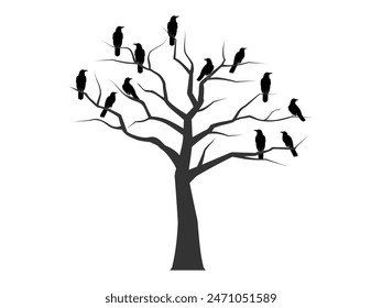 Crows and ravens on the old dead tree with  branches, twigs. concept for Halloween, horror, scary. vector illustration isolated on white background.