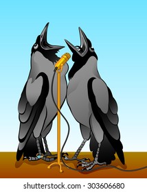 Crows singing two crows singing into a microphone, vector illustration, on the background of the sky, at the foot of the crow precious ring