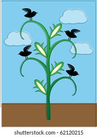 Crows sitting on cornstalk abstract offset coloring vector illustration.
