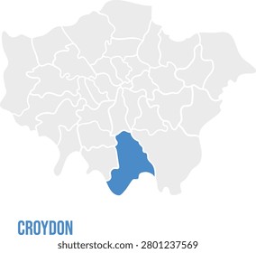 Croydon highlighted in London Borough map, simplified flat design, blue and light gray vector, labeled