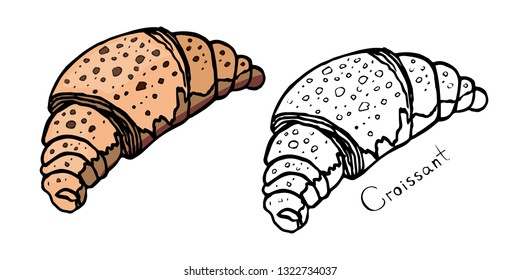 Cruasan with chocolate chips, drawn manually. Colored and contoured croissant, on a white background.