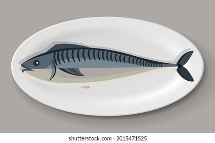 Crucian carp, mackerel, dish on plate. Cooking river fishes concept. Crucian carp, mackerel with fins, tail and scales. Preparing river fish products. Fish dish on plate isolated on white background