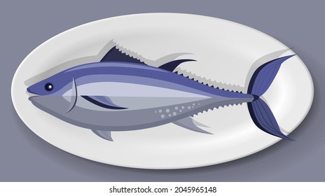 Crucian carp, mackerel, dish on plate. Cooking river fishes concept. Crucian carp, mackerel with fins, tail and scales. Preparing river fish products. Fish dish on plate isolated on white background