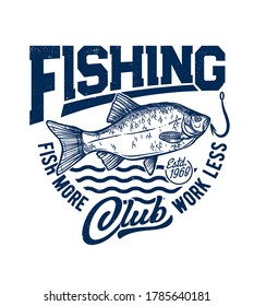 Crucian fish t-shirt print mockup, fishing club and sea waves, vector blue grunge design. River crucian carp on hook icon, fisher sport club sign, big fish catch fishing for t shirt print