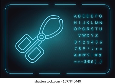 Crucible Tongs Neon Light Icon. Surgeon, Doctor Equipment. Stainless Steel Lab Instrument. Beaker Pliers. Forceps Clamp. Organic Chemistry. Glowing Sign With Symbols. Vector Isolated Illustration