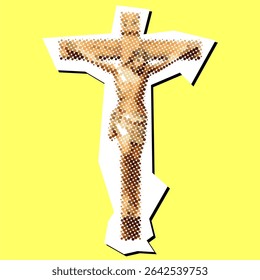 Crucified Jesus dotted collage element in a torn paper vector, created with pointillism. A unique, artistic depiction for religious themes, Easter, spirituality, and historical events.