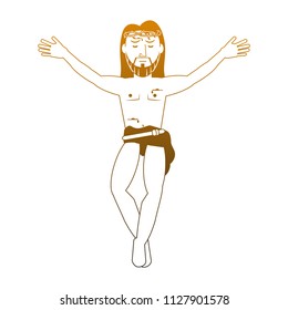 Crucified jesuschrist cartoon in yellow lines