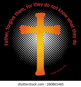 A Crucifix in a circle with a halftone screen effect in the back symbolizing the light, and a Gospel quote around