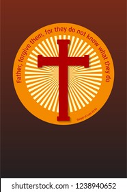 A Crucifix in a circle with a sunburst effect in the back and a Gospel quote around