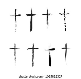 Crucifix cross hand drawn sketch paint brush vector icon set. Christianity orthodox, catholic religion isolated symbols set for Easter, funeral or grave memorial. Grunge baptism, christian crosses.