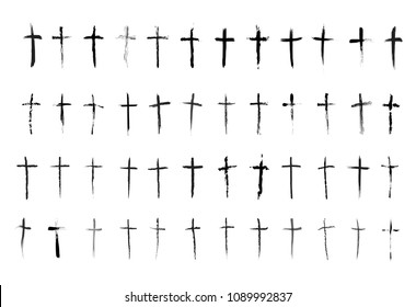 Crucifix cross hand drawn sketch paint brush vector icon set. Christianity orthodox, catholic religion isolated symbols set for Easter, funeral or grave memorial. Grunge baptism, christian crosses.