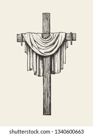 Crucifix, cross and shroud hand drawn. Religious sign. Sketch vector illustration