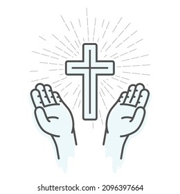 Crucifix and hands, prayer, symbol of Christianity,  Jesus Christ holy cross worship, vector