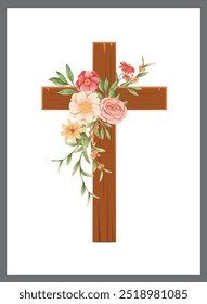 O crucifixo. Feliz Páscoa. Cruz de madeira cristã com flores e folhas. As impressões cruzadas são usadas para decorar casas ou igrejas.